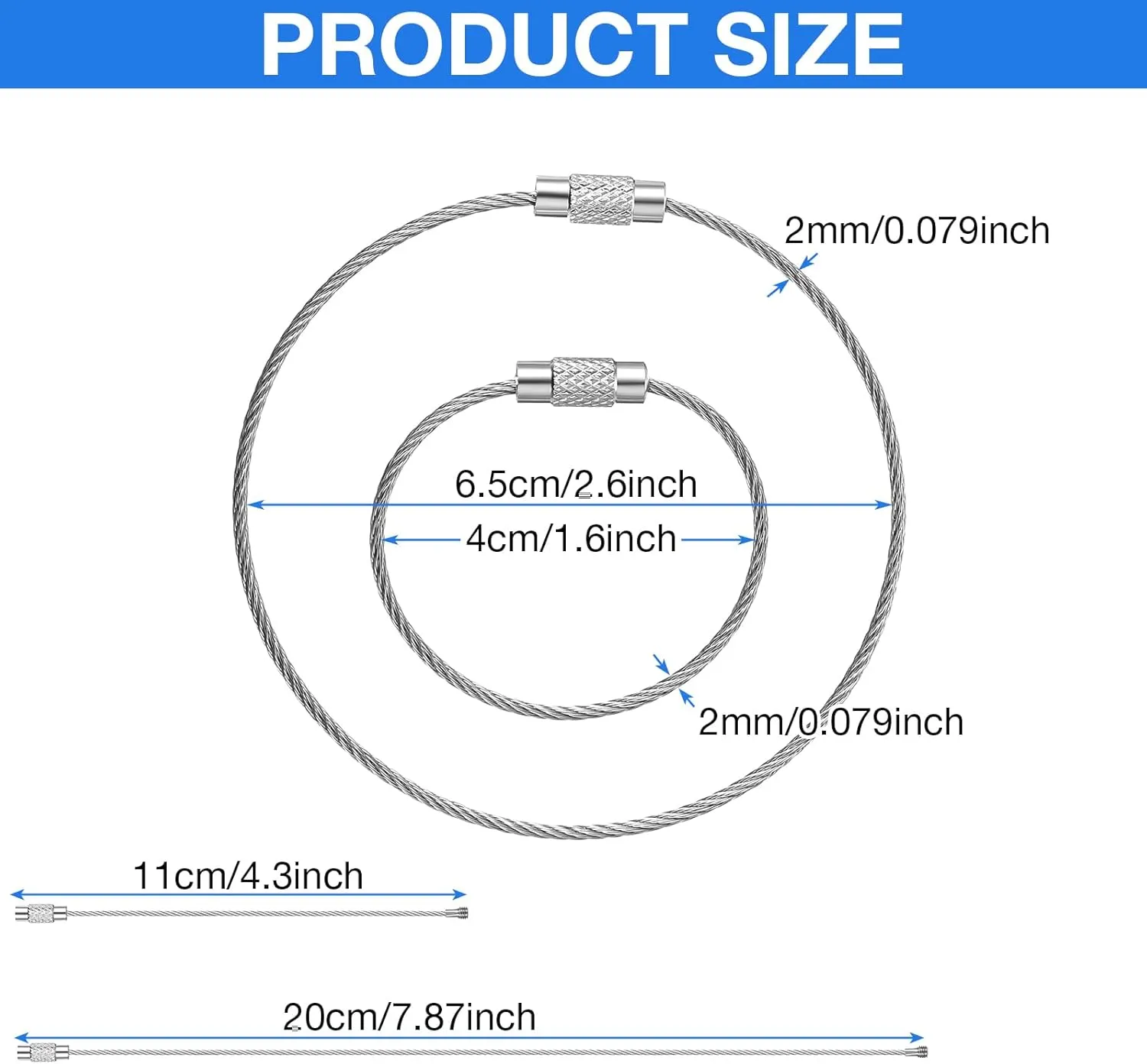 150 Pieces Wire Keychain Cable Stainless Steel Key Rings Loop Wire Cable Braided Steel Key Chain