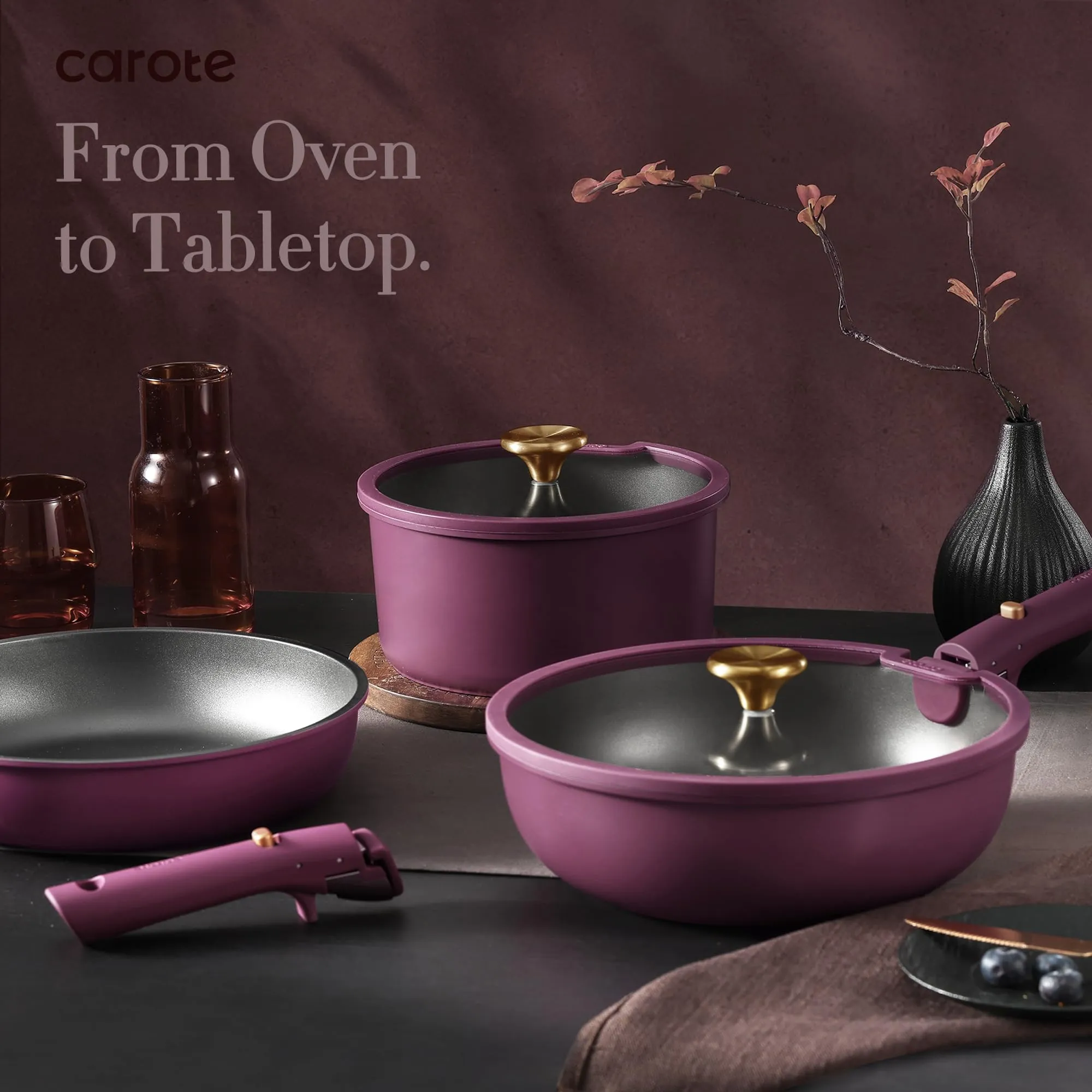 CAROTE 19pcs Pots and Pans Set, Nonstick Cookware Set Detachable Handle, Induction Kitchen Cookware Sets Non Stick with Removable Handle, RV Cookware Set, Gold and Purple