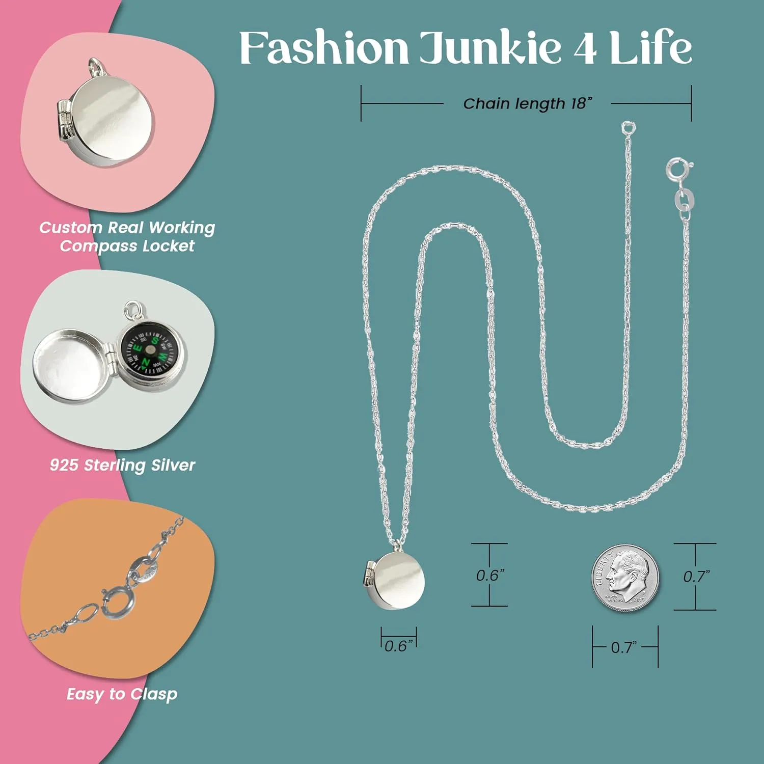 FashionJunkie4Life Sterling Silver Locket Necklaces for Women, 18" Cable Chain