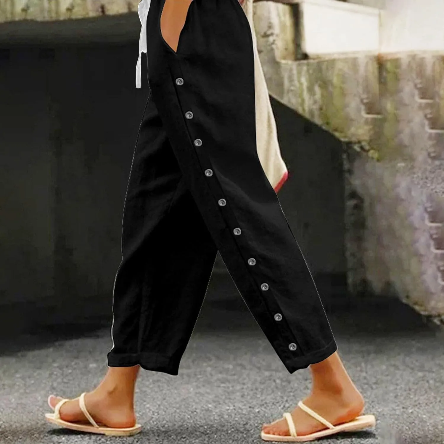 Linen Pants Women Long Button Down Loose Cotton Capri Pants for Women Stretch Summer Cargo Womens Capris Petite
