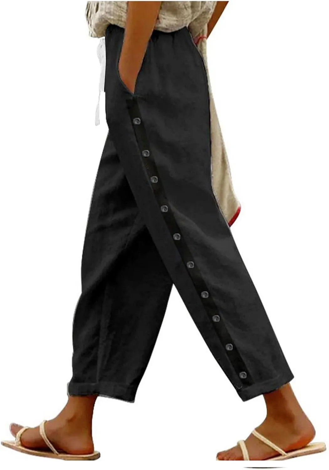 Linen Pants Women Long Button Down Loose Cotton Capri Pants for Women Stretch Summer Cargo Womens Capris Petite