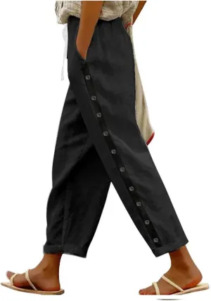 Linen Pants Women Long Button Down Loose Cotton Capri Pants for Women Stretch Summer Cargo Womens Capris Petite