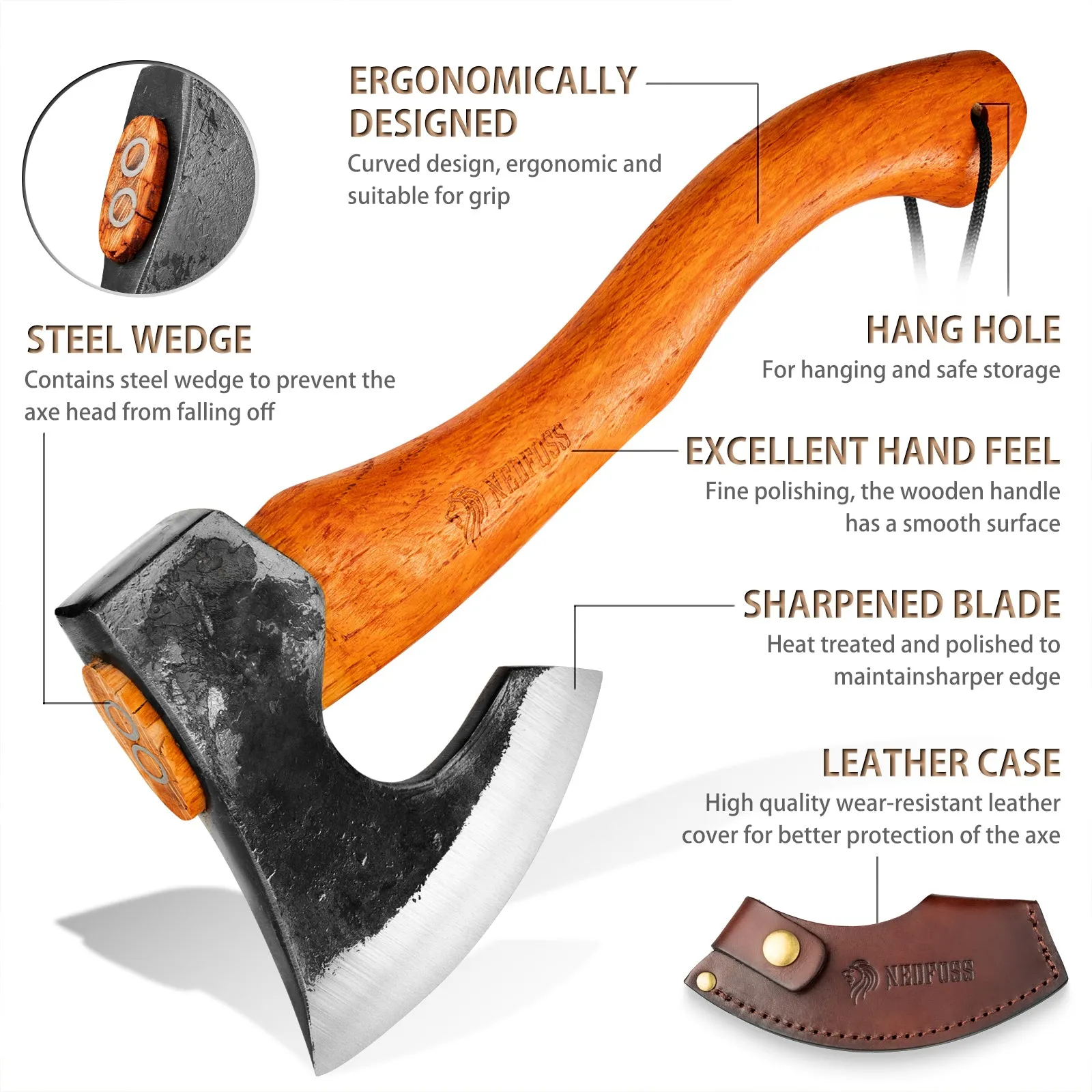 Nedfoss Camping Hatchet Axe,Viking Axe with Steel Wedge, Hand Forged Hatchet