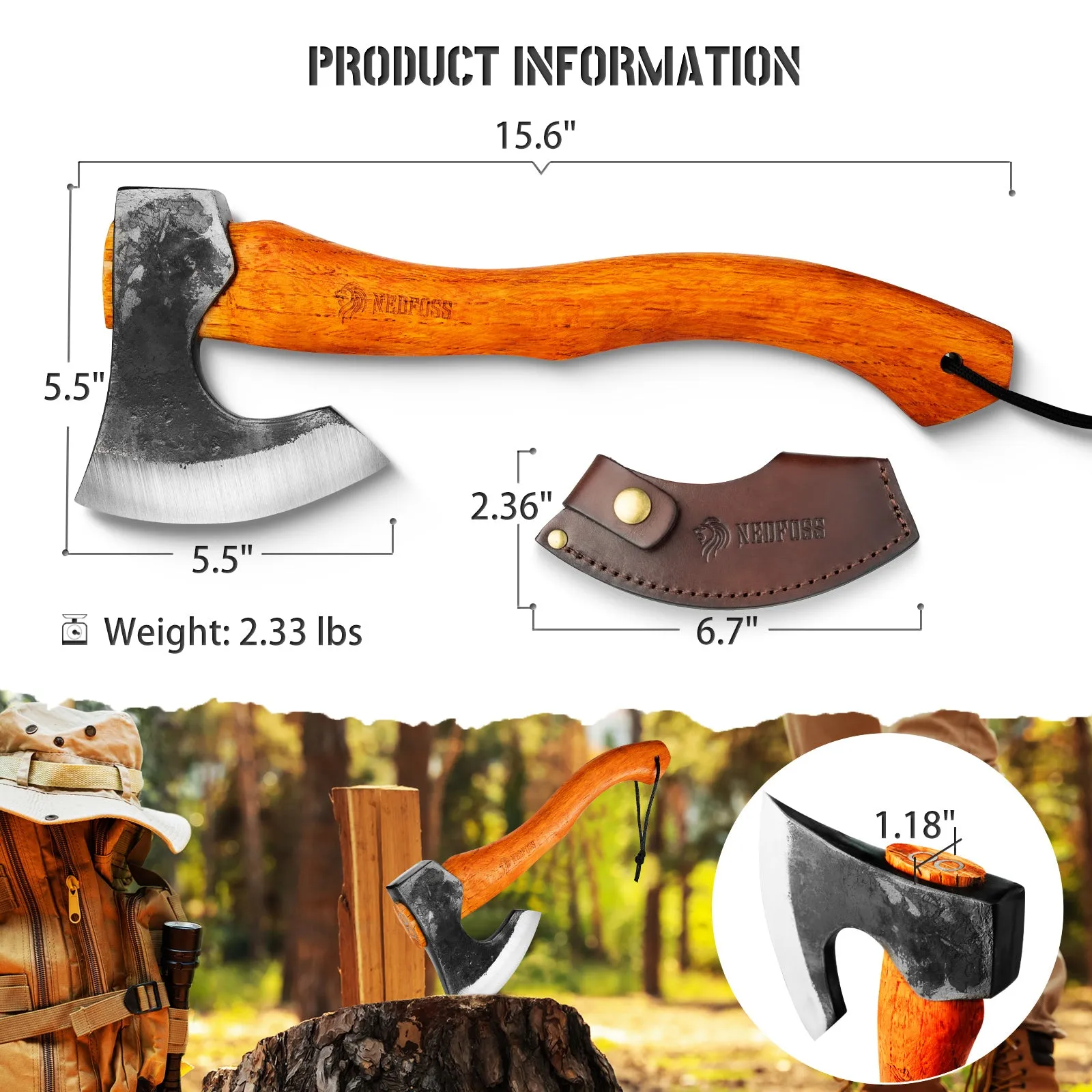 Nedfoss Camping Hatchet Axe,Viking Axe with Steel Wedge, Hand Forged Hatchet