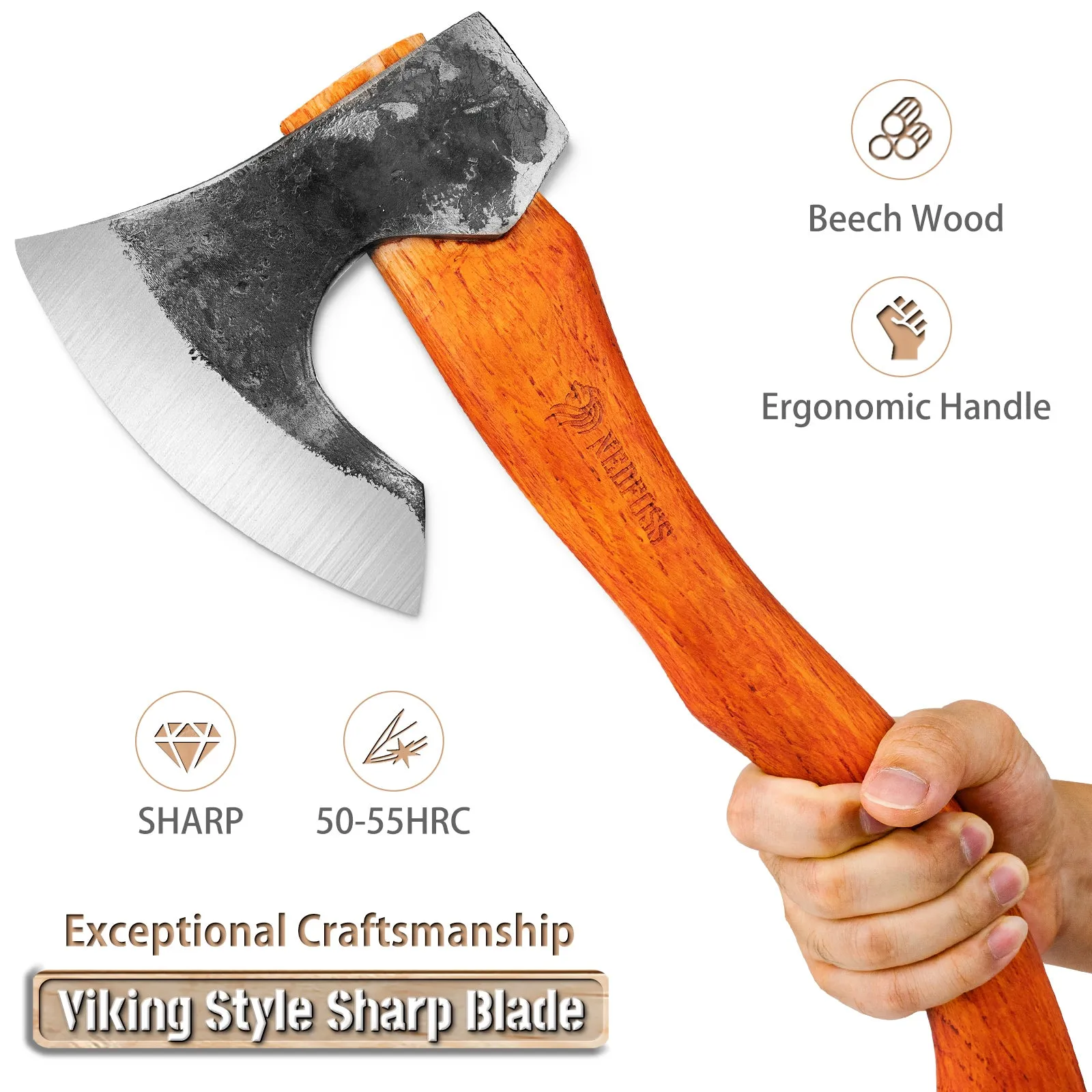 Nedfoss Camping Hatchet Axe,Viking Axe with Steel Wedge, Hand Forged Hatchet