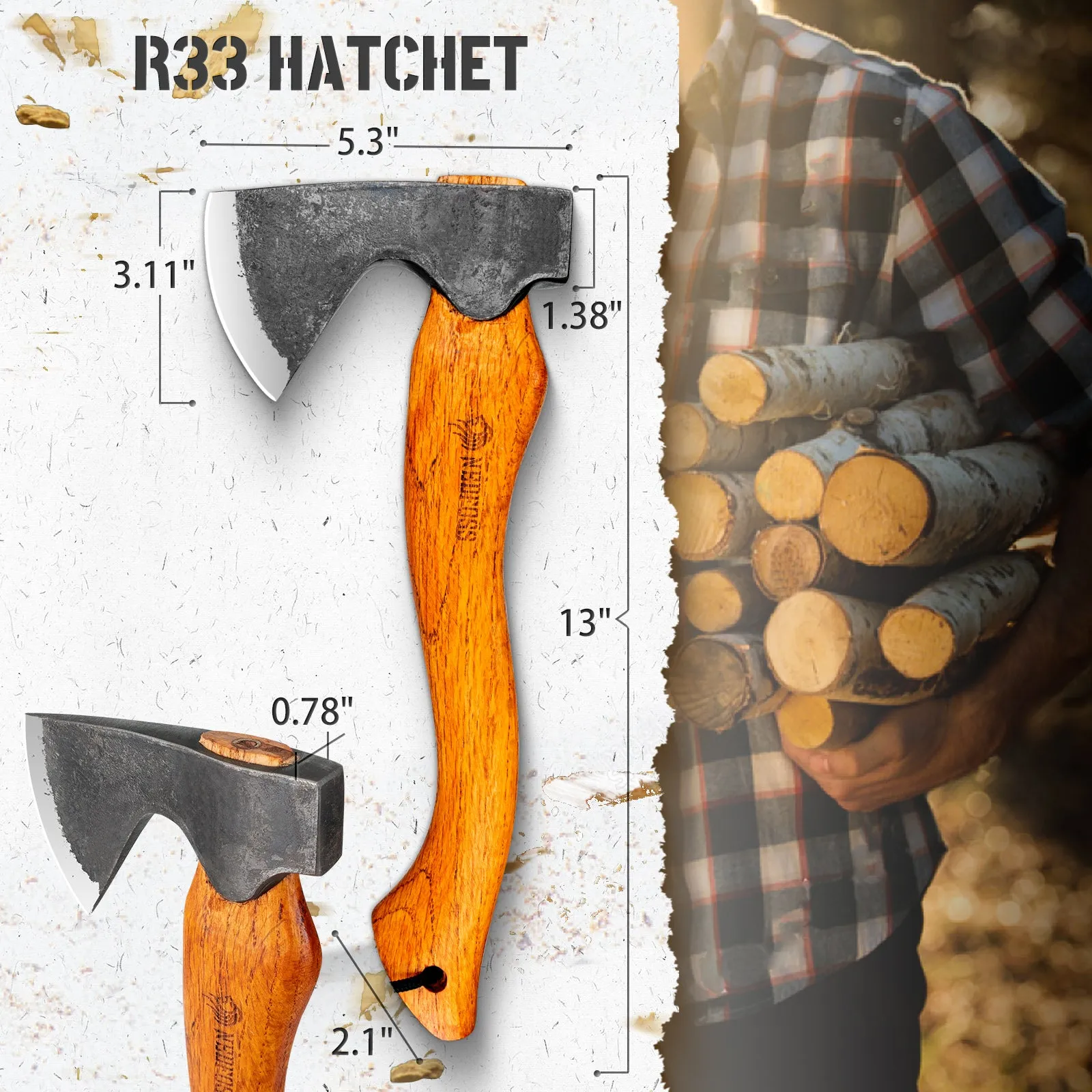 Nedfoss R33 Outdoor Hatchet, Axes and Hatchets with Retro Leather Sheath for  Camping Gardening
