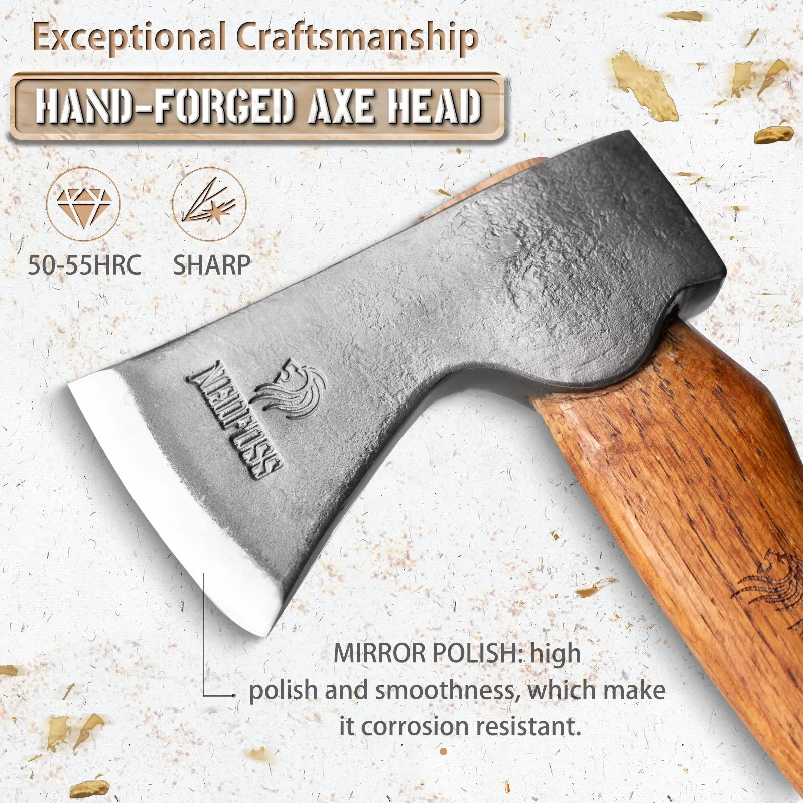 Nedfoss RF38 Outdoor Hatchet, Forged Carbon Steel and Head Beech Wood Handle,  Comes With Retro Leather Sheath