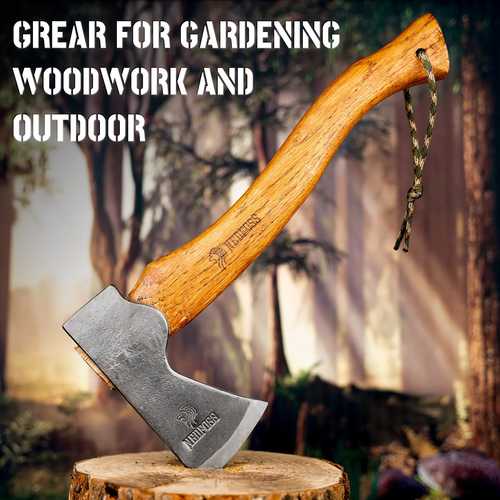 Nedfoss RF38 Outdoor Hatchet, Forged Carbon Steel and Head Beech Wood Handle,  Comes With Retro Leather Sheath