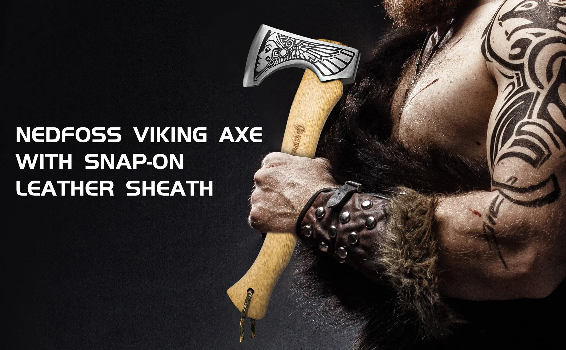 Nedfoss Valkyrie Viking Axe, Bearded Axe with Leather Sheath, Beech Wood Handle, Excellent Gifts for Men