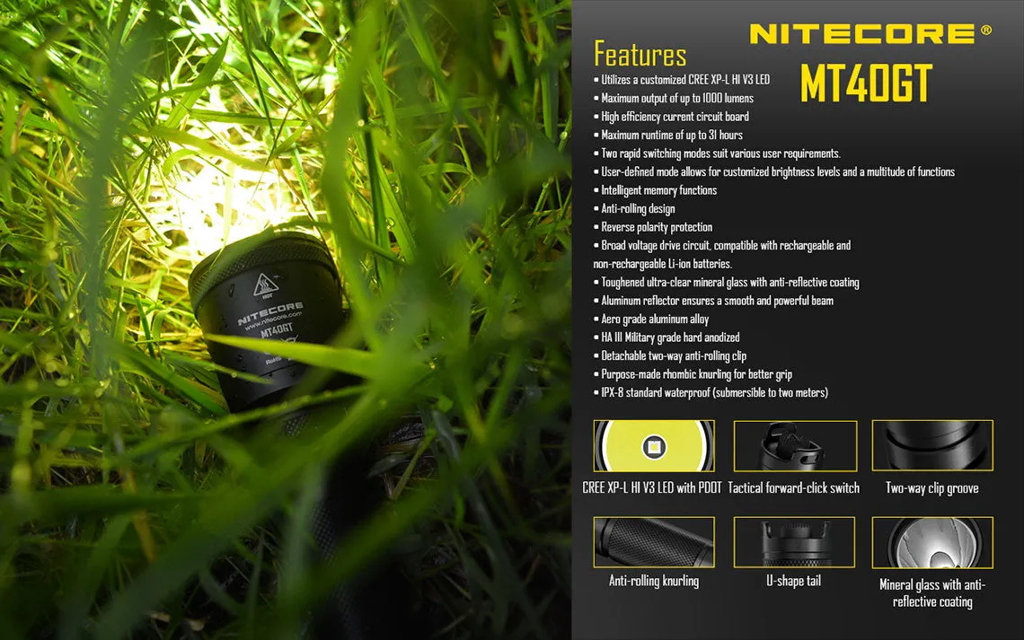 Nitecore MT40GT Flashlight with 1000 Lumens Brightness, Powered by Cree XP-L HI V3 LED Technology