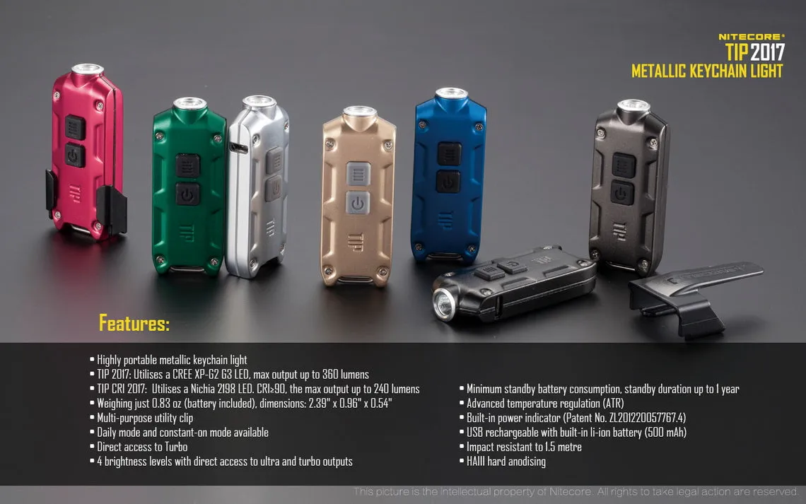 Nitecore TIP 2017 - 360 Lumen USB Rechargeable LED Keychain Flashlight - Grey