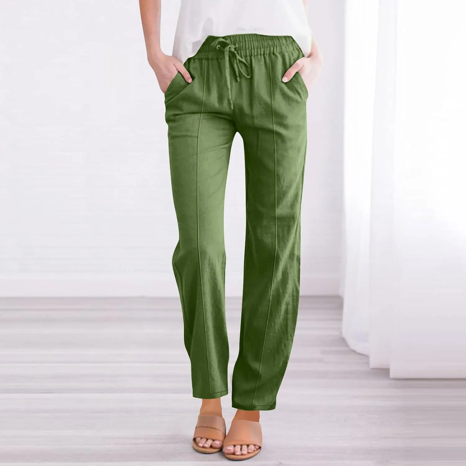 Women Linen Pants Straight Leg Pants Lightweight Hiking Trousers High Waisted with Pockets