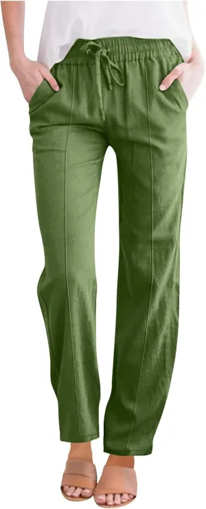 Women Linen Pants Straight Leg Pants Lightweight Hiking Trousers High Waisted with Pockets