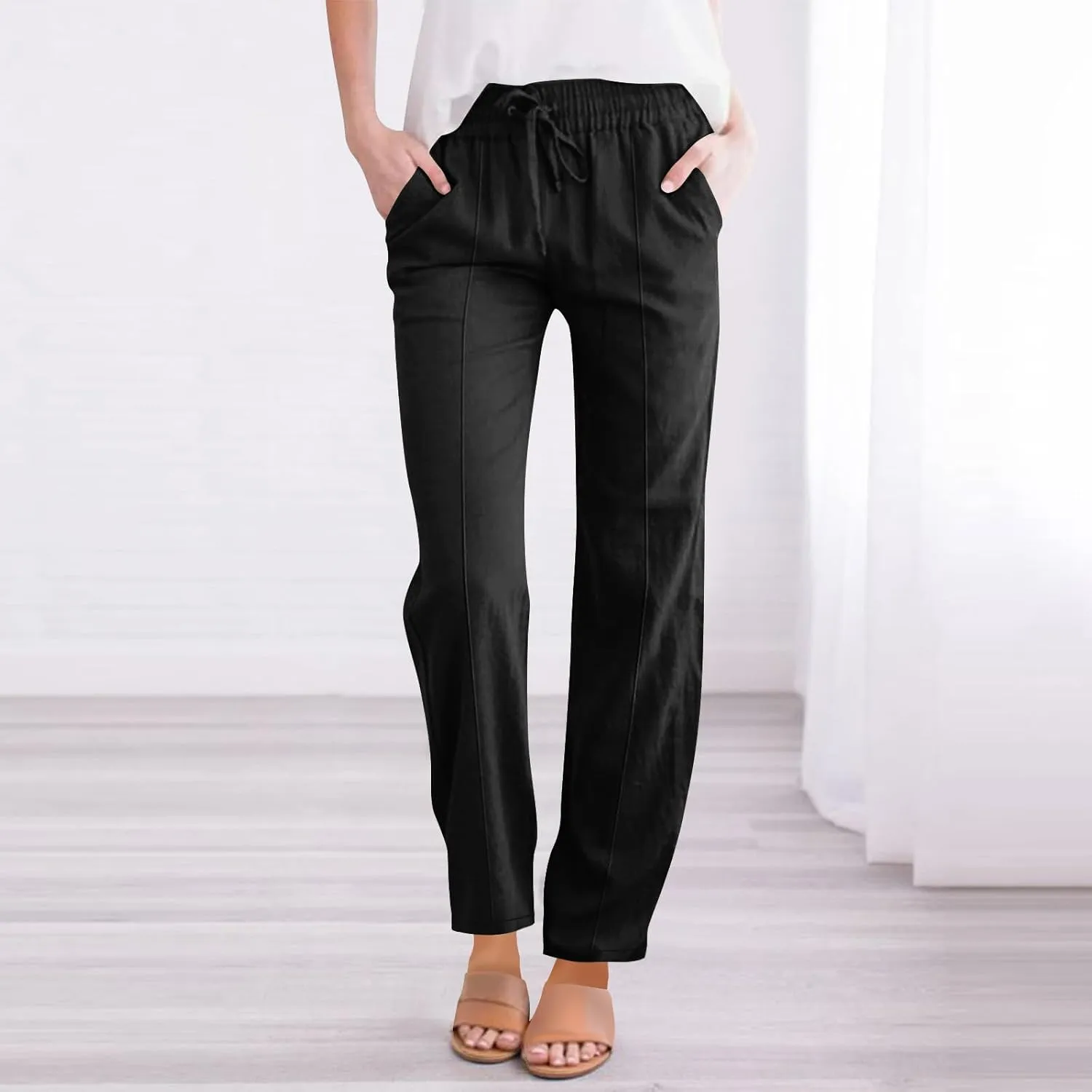 Women Linen Pants Straight Leg Pants Lightweight Hiking Trousers High Waisted with Pockets