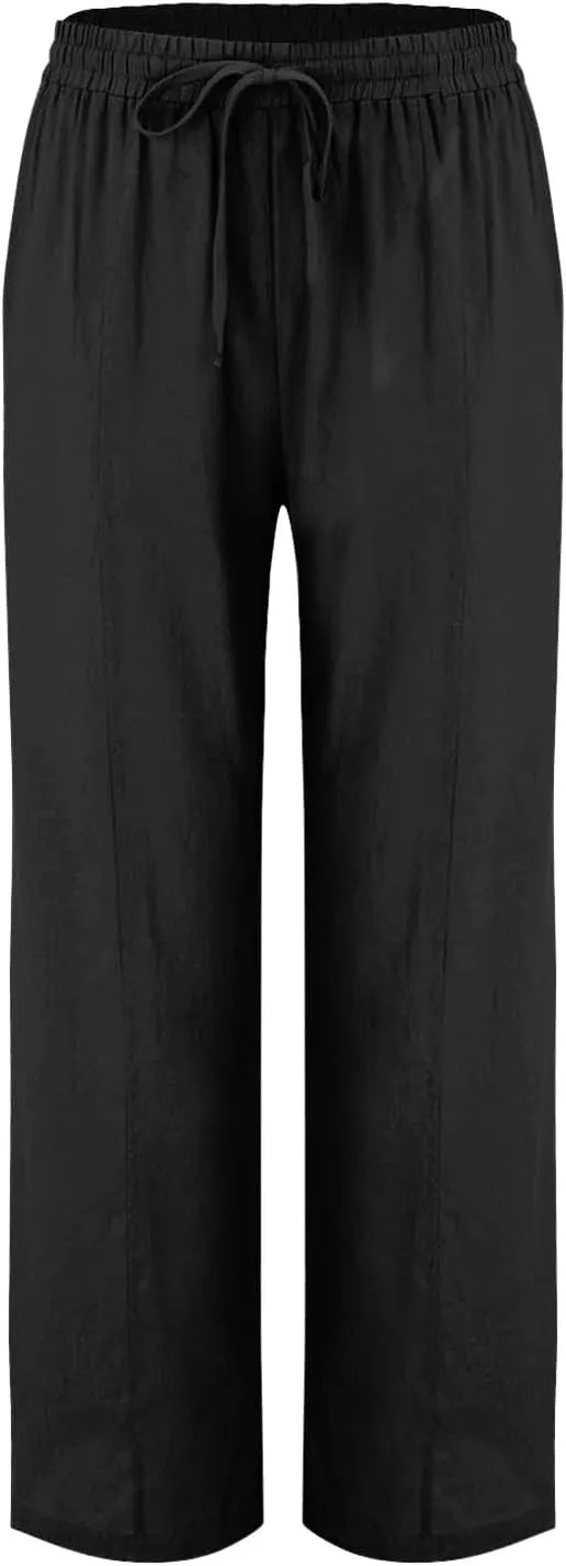 Women Linen Pants Straight Leg Pants Lightweight Hiking Trousers High Waisted with Pockets
