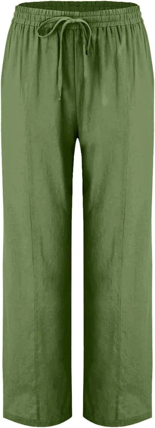 Women Linen Pants Straight Leg Pants Lightweight Hiking Trousers High Waisted with Pockets