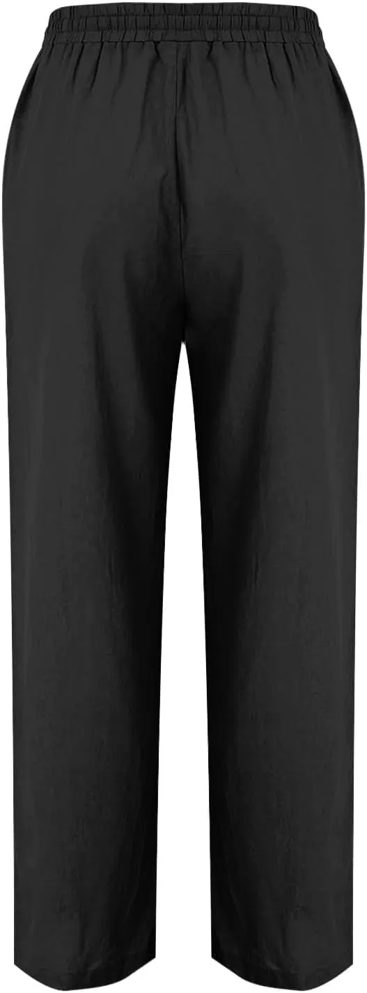Women Linen Pants Straight Leg Pants Lightweight Hiking Trousers High Waisted with Pockets