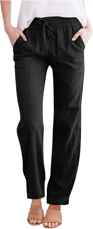 Women Linen Pants Straight Leg Pants Lightweight Hiking Trousers High Waisted with Pockets