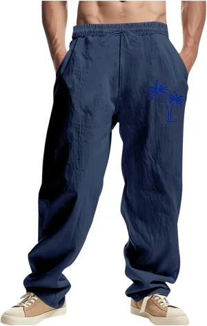 Xiaojmake Mens Cotton Linen Pants Elastic Waist Drawstring Straight Casual Yoga Pant Summer Loose Fit Hawaiian Beach Trouser