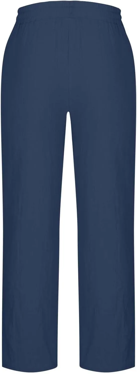 Xiaojmake Mens Cotton Linen Pants Elastic Waist Drawstring Straight Casual Yoga Pant Summer Loose Fit Hawaiian Beach Trouser