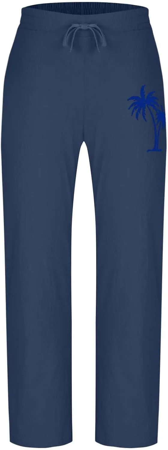 Xiaojmake Mens Cotton Linen Pants Elastic Waist Drawstring Straight Casual Yoga Pant Summer Loose Fit Hawaiian Beach Trouser
