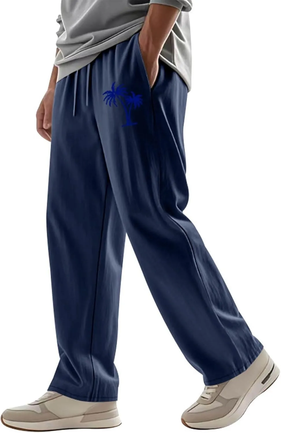 Xiaojmake Mens Cotton Linen Pants Elastic Waist Drawstring Straight Casual Yoga Pant Summer Loose Fit Hawaiian Beach Trouser