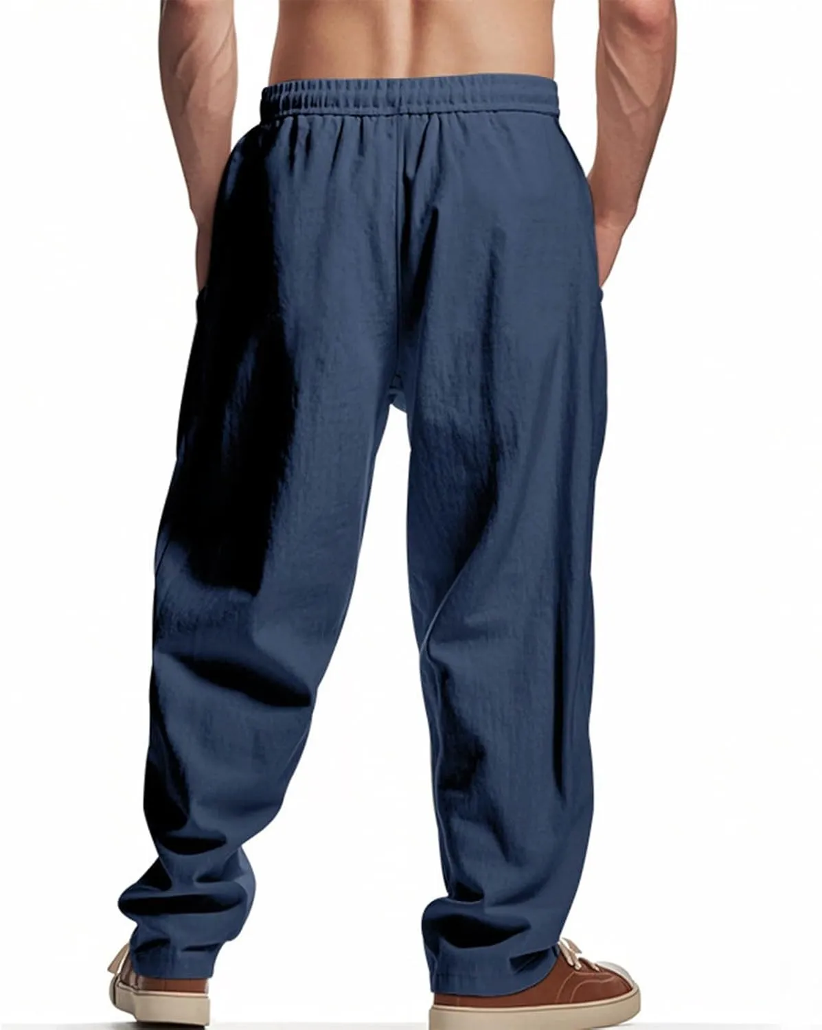 Xiaojmake Mens Cotton Linen Pants Elastic Waist Drawstring Straight Casual Yoga Pant Summer Loose Fit Hawaiian Beach Trouser